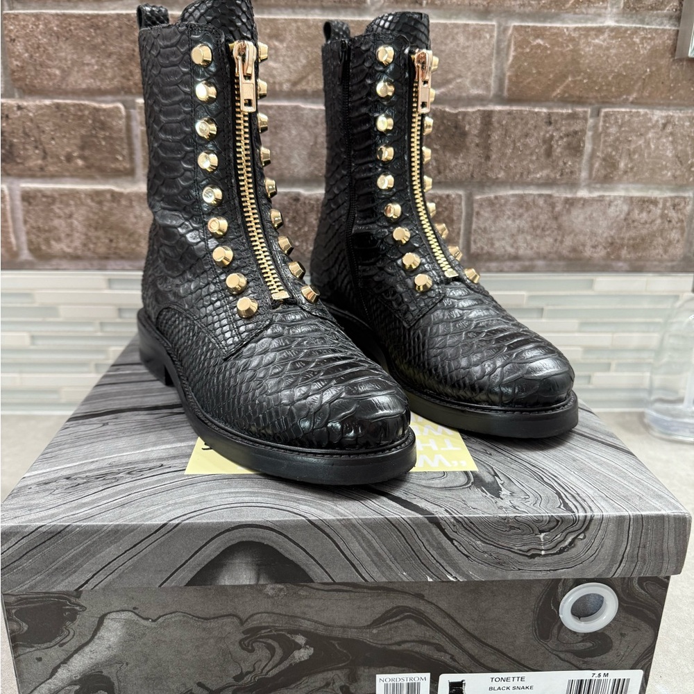 NEW! Jeffery Campbell Tonette - Black Snake Print Gold Studded Boots